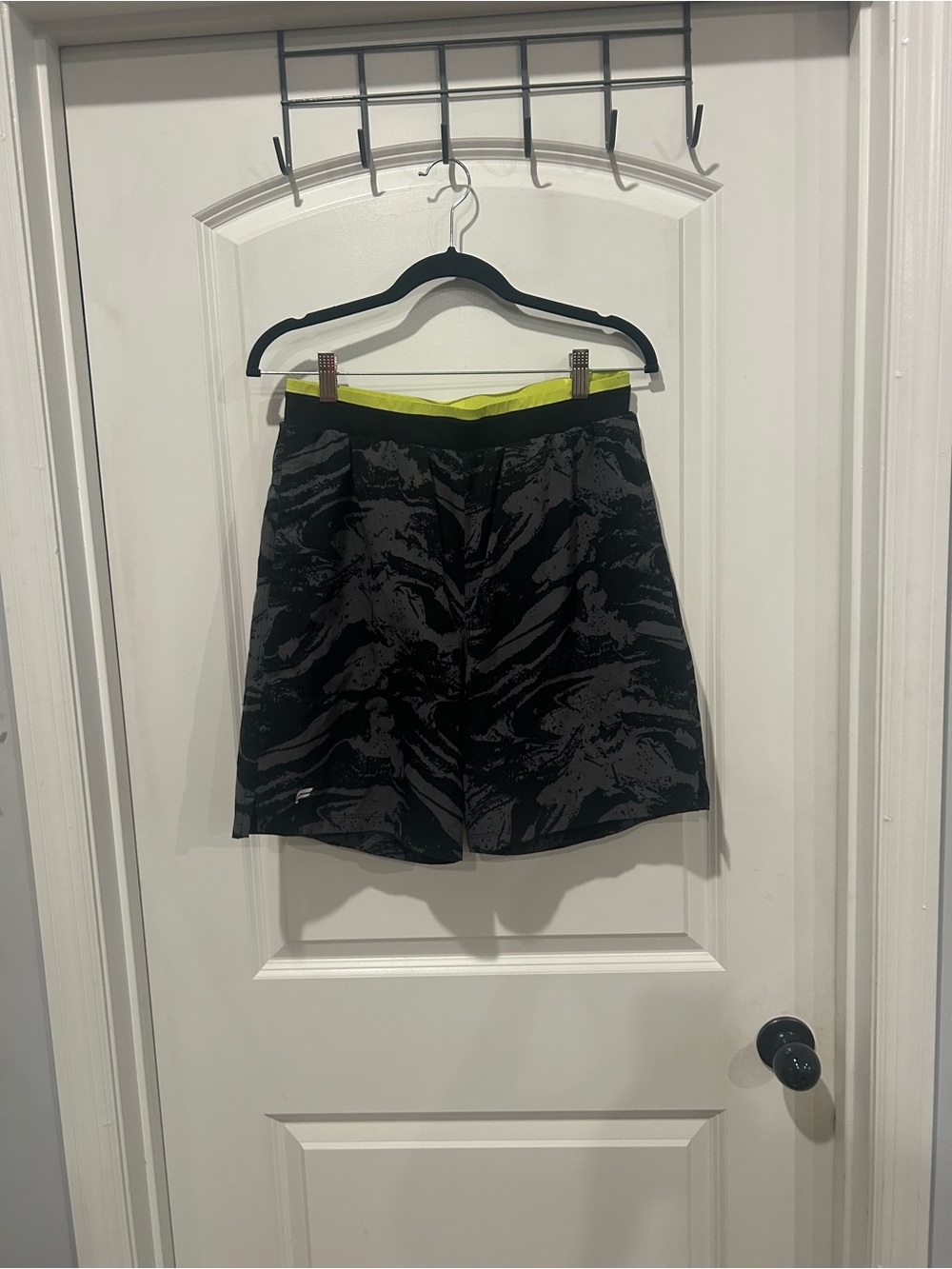 Fabletics Black & Gray Patterned Athletic Shorts with Neon Lime Waistband
